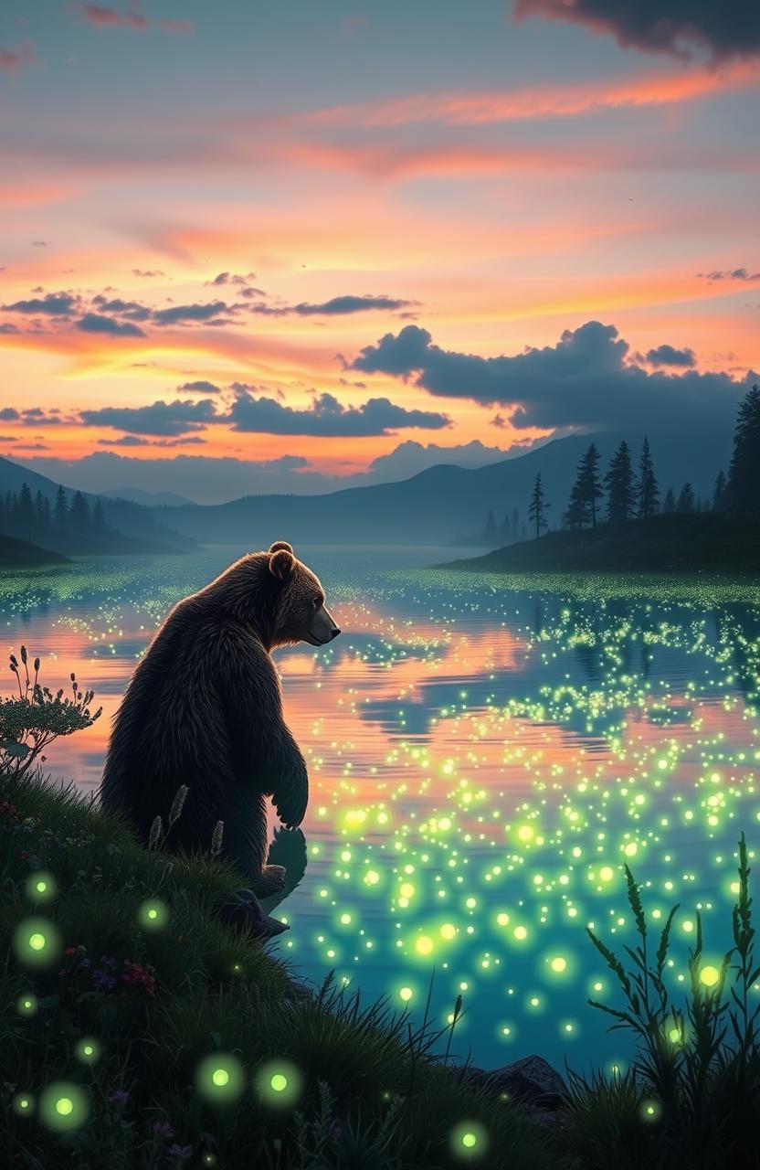 A majestic bear standing at the edge of a shimmering lake filled with glow in the dark fireflies, creating a magical and enchanting atmosphere