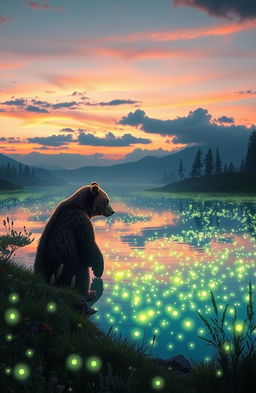 A majestic bear standing at the edge of a shimmering lake filled with glow in the dark fireflies, creating a magical and enchanting atmosphere