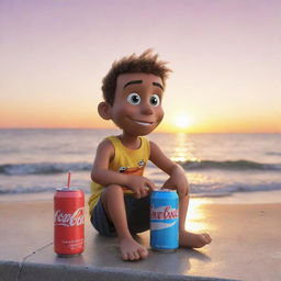 Generate an image of a cartoon character named Sammy, sitting by the sea, watching the sunset with a can of soda in his hand.