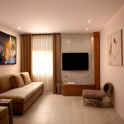 A 12x20 feet living room layout, with a chic TV unit on the 12 feet wall, and cozy couches placed along the 20 feet wall. The design illustrates a perfect utilization of space radiating comfort and modern elegance.