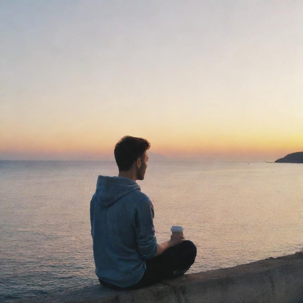 Generate an image of a young man named Liam sitting beside the sea, watching the sunset with a container of coffee in his hand.