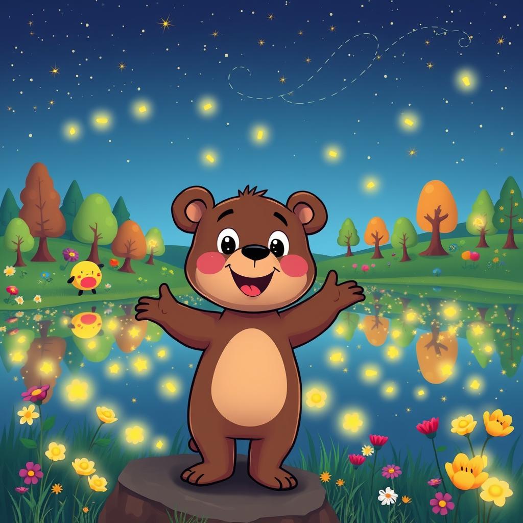 A whimsical cartoon bear joyfully standing at the edge of a sparkling lake filled with glowing fireflies