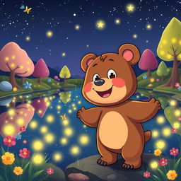 A whimsical cartoon bear joyfully standing at the edge of a sparkling lake filled with glowing fireflies