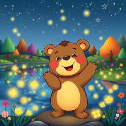 A whimsical cartoon bear joyfully standing at the edge of a sparkling lake filled with glowing fireflies