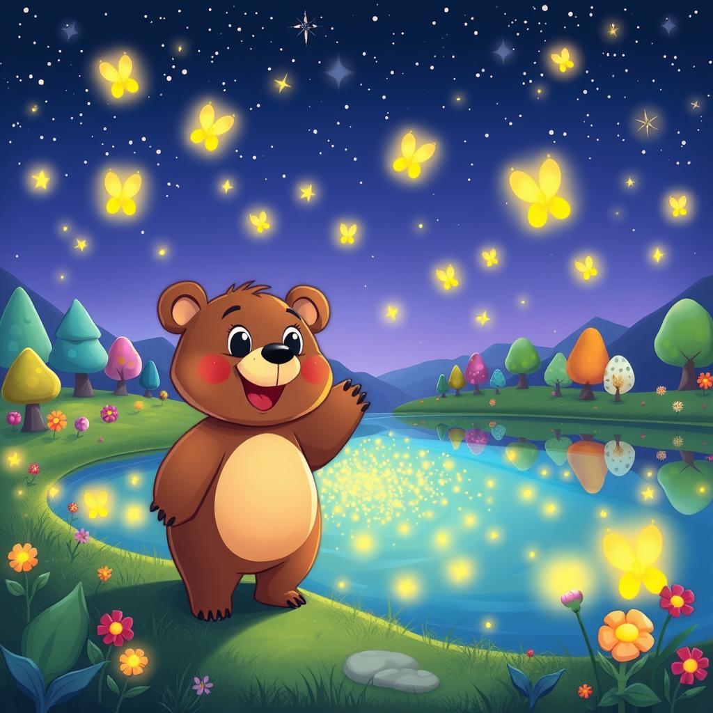 A whimsical cartoon bear joyfully standing at the edge of a sparkling lake filled with glowing fireflies