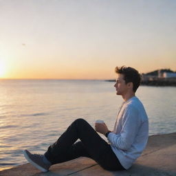 Generate an image of a young man named Liam sitting beside the sea, watching the sunset with a container of coffee in his hand.