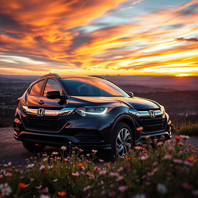 A stunning Honda WR-V parked on a scenic overlook with a panoramic view of rolling hills at sunset