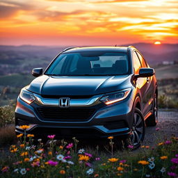 A stunning Honda WR-V parked on a scenic overlook with a panoramic view of rolling hills at sunset