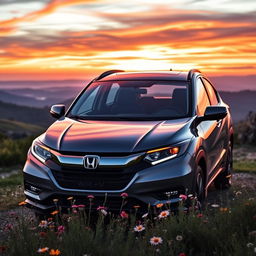 A stunning Honda WR-V parked on a scenic overlook with a panoramic view of rolling hills at sunset