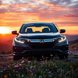 A stunning Honda WR-V parked on a scenic overlook with a panoramic view of rolling hills at sunset