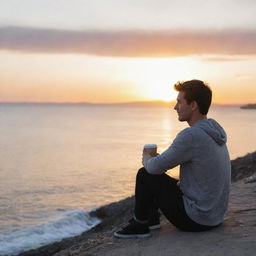 Generate an image of a young man named Liam sitting beside the sea, watching the sunset with a container of coffee in his hand.