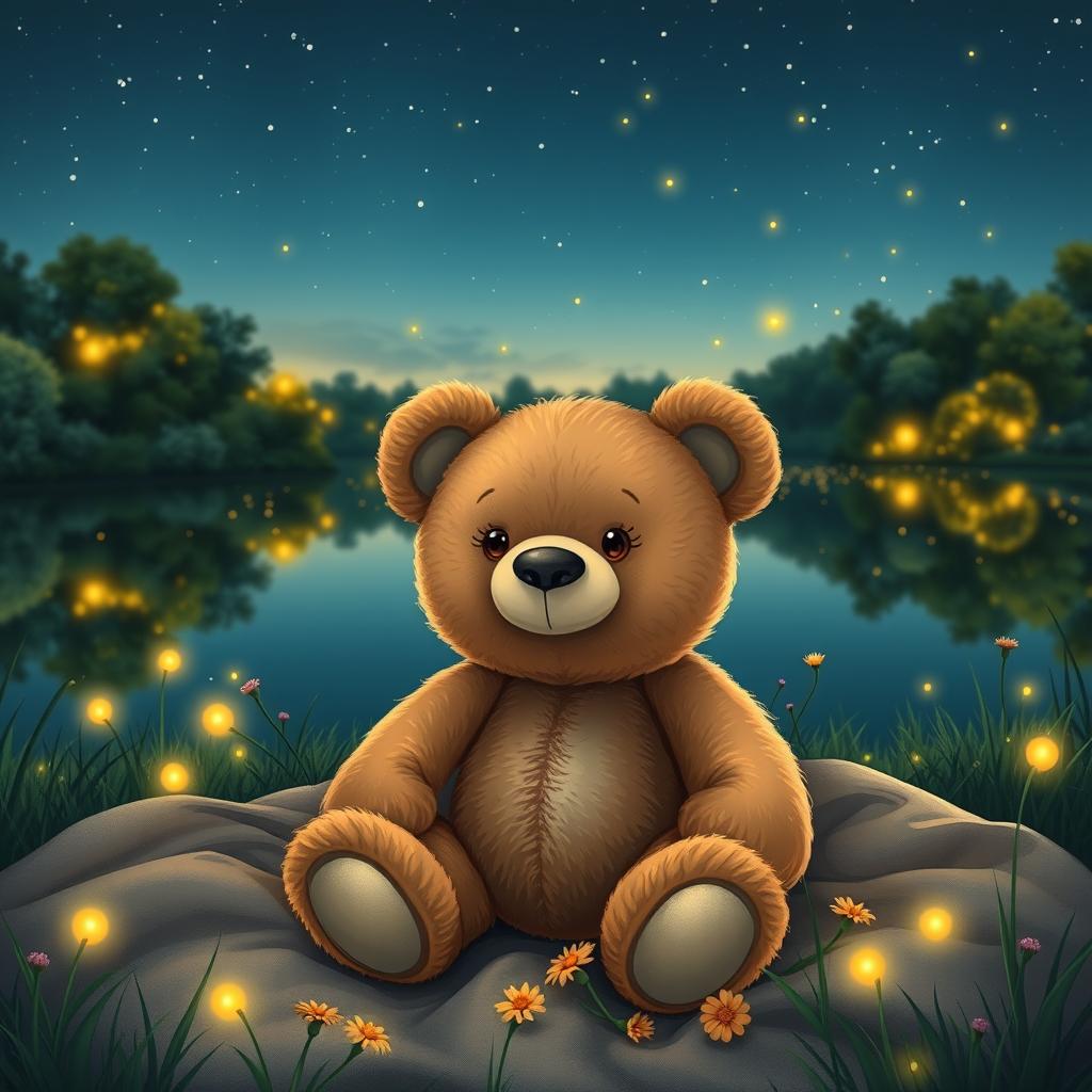 A cute teddy bear sitting by a tranquil lake filled with glowing fireflies at dusk