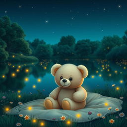 A cute teddy bear sitting by a tranquil lake filled with glowing fireflies at dusk