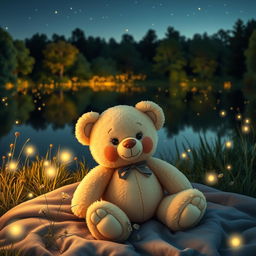 A cute teddy bear sitting by a tranquil lake filled with glowing fireflies at dusk