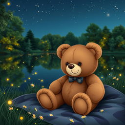 A cute teddy bear sitting by a tranquil lake filled with glowing fireflies at dusk