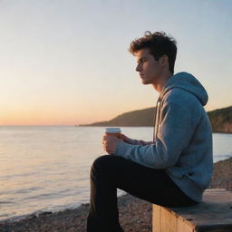 Generate an image of a young man named Liam sitting beside the sea, watching the sunset with a container of coffee in his hand.