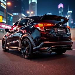 A sleek, modified Honda WR-V with a black body kit, showcasing its sporty design