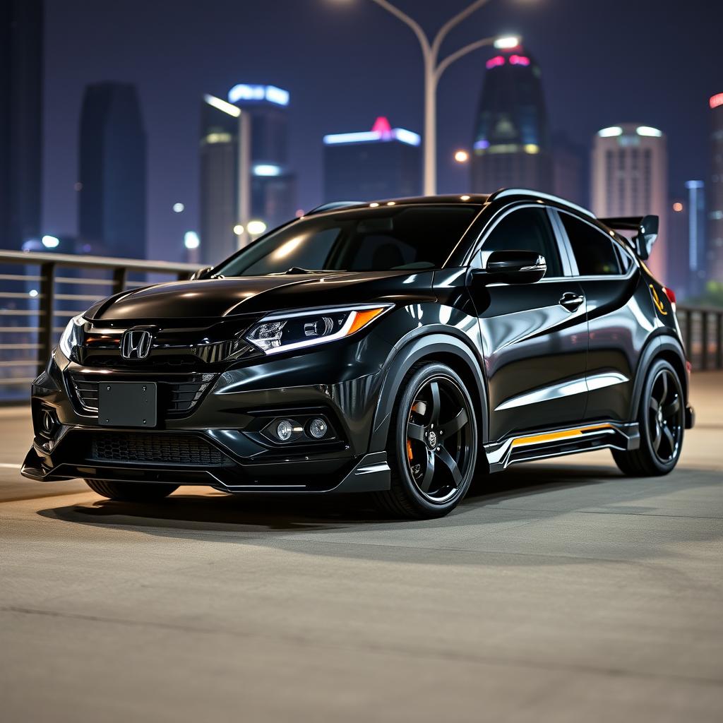 A sleek, modified Honda WR-V with a black body kit, showcasing its sporty design