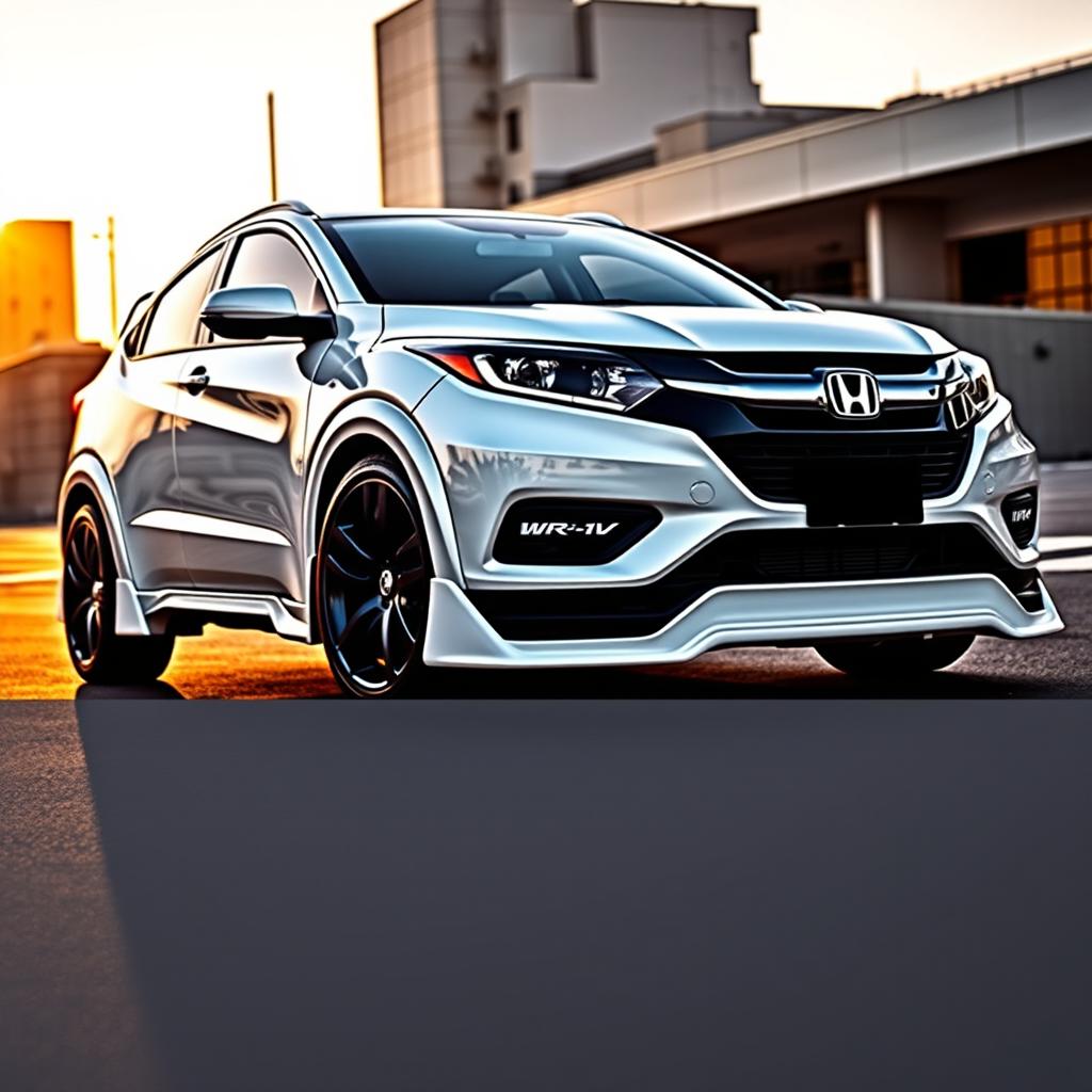 A sleek white Honda WR-V with a customized body kit, showcasing aggressive lines and sporty features