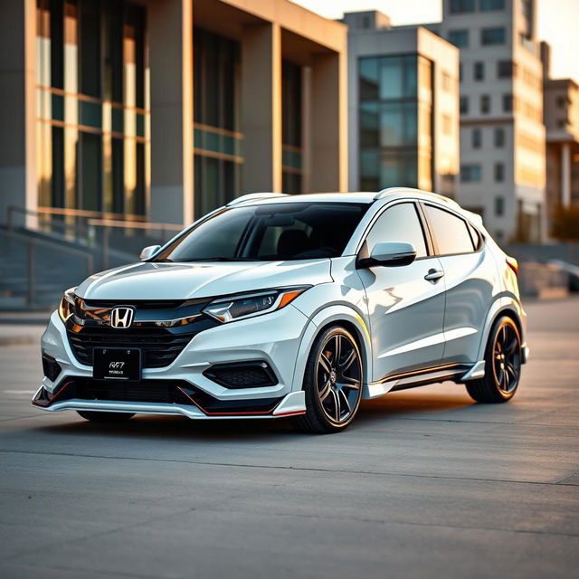 A sleek white Honda WR-V with a customized body kit, showcasing aggressive lines and sporty features