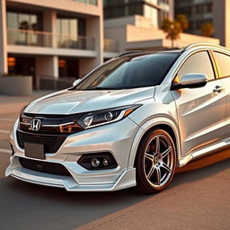 A sleek white Honda WR-V with a customized body kit, showcasing aggressive lines and sporty features