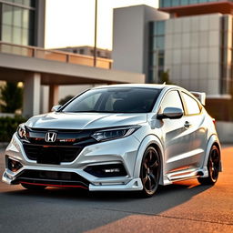 A sleek white Honda WR-V with a customized body kit, showcasing aggressive lines and sporty features