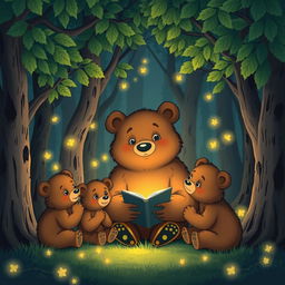 A cartoon bear mother telling a fairy tale to her cubs, surrounded by a magical forest with fireflies glowing softly in the shadows of the trees