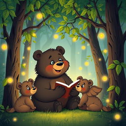 A cartoon bear mother telling a fairy tale to her cubs, surrounded by a magical forest with fireflies glowing softly in the shadows of the trees