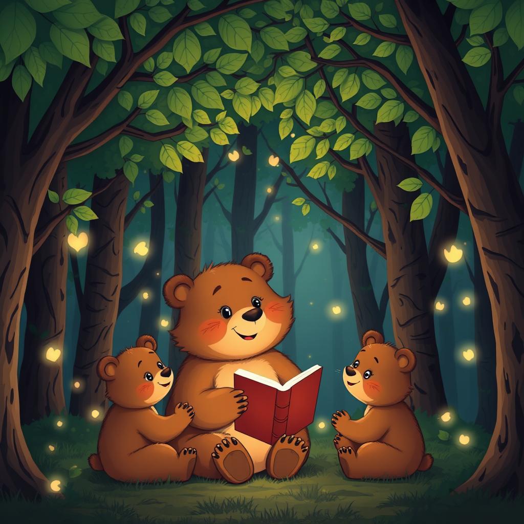 A cartoon bear mother telling a fairy tale to her cubs, surrounded by a magical forest with fireflies glowing softly in the shadows of the trees