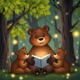 A cartoon bear mother telling a fairy tale to her cubs, surrounded by a magical forest with fireflies glowing softly in the shadows of the trees