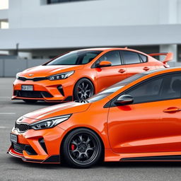 A stunning customized Kia Cerato featuring an aggressive body kit, showcasing a sleek and aerodynamic design with bold lines