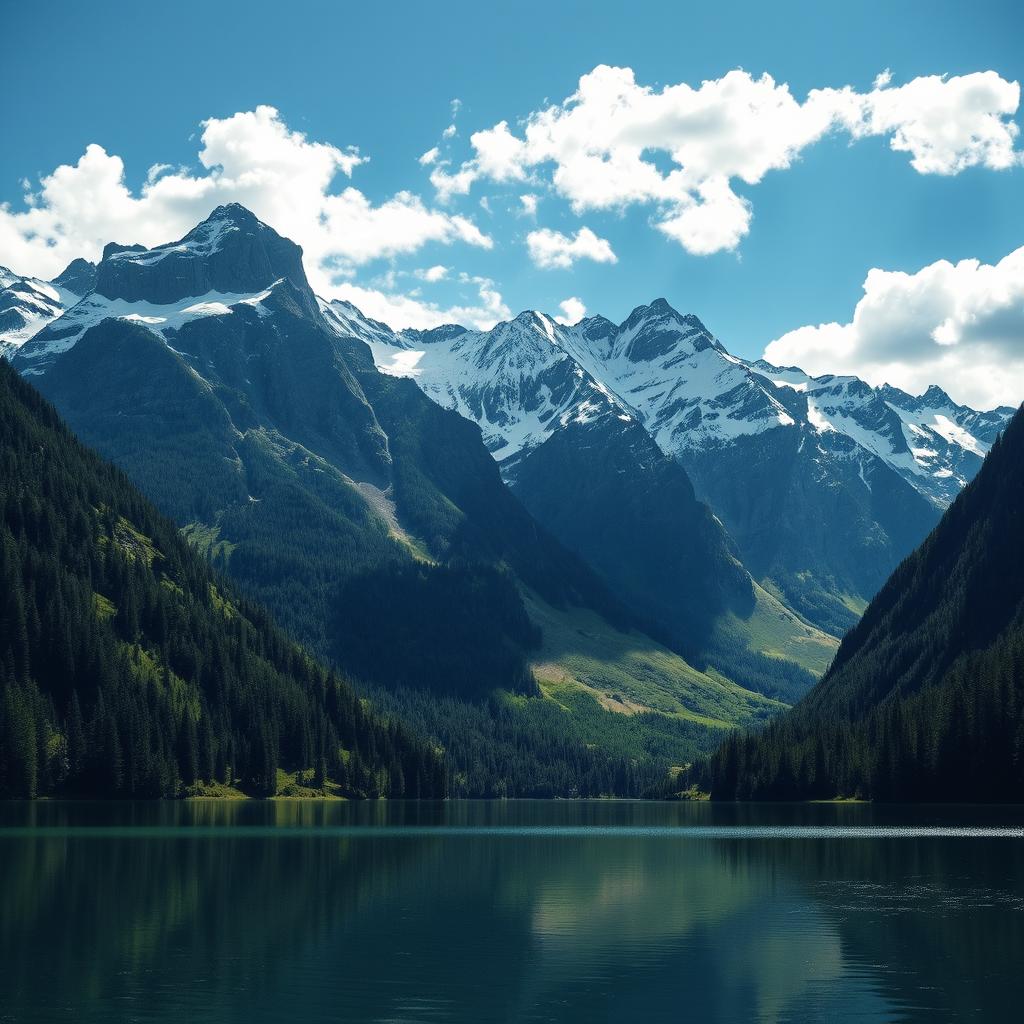 A majestic mountain landscape, towering peaks covered with snow, surrounded by lush green forests and a clear blue sky, reflecting in a serene lake at the base, with fluffy white clouds drifting by and sunlight illuminating the scene