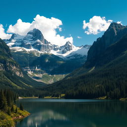 A majestic mountain landscape, towering peaks covered with snow, surrounded by lush green forests and a clear blue sky, reflecting in a serene lake at the base, with fluffy white clouds drifting by and sunlight illuminating the scene