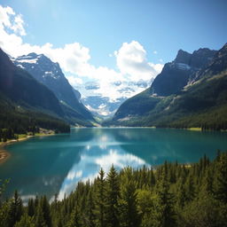 A majestic mountain landscape, towering peaks covered with snow, surrounded by lush green forests and a clear blue sky, reflecting in a serene lake at the base, with fluffy white clouds drifting by and sunlight illuminating the scene