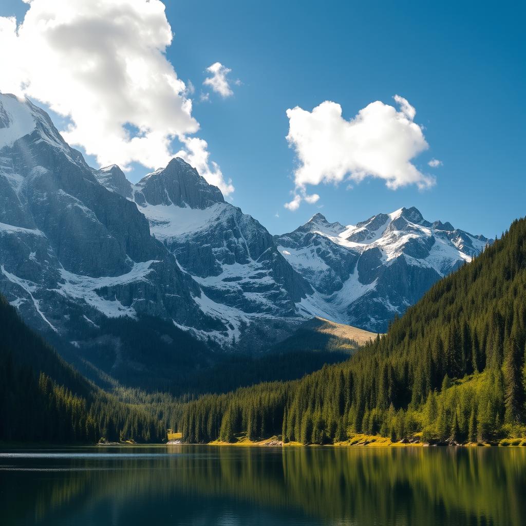 A majestic mountain landscape, towering peaks covered with snow, surrounded by lush green forests and a clear blue sky, reflecting in a serene lake at the base, with fluffy white clouds drifting by and sunlight illuminating the scene