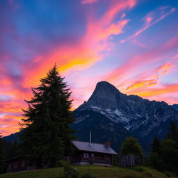 A picturesque mountain scene featuring a cozy house nestled at the foot of the mountain, accompanied by a tall, lush green tree