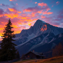 A picturesque mountain scene featuring a cozy house nestled at the foot of the mountain, accompanied by a tall, lush green tree