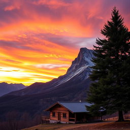 A picturesque mountain scene featuring a cozy house nestled at the foot of the mountain, accompanied by a tall, lush green tree