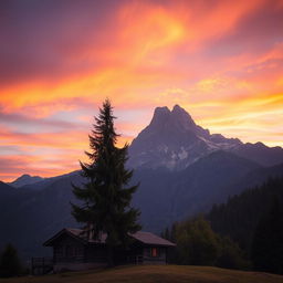 A picturesque mountain scene featuring a cozy house nestled at the foot of the mountain, accompanied by a tall, lush green tree