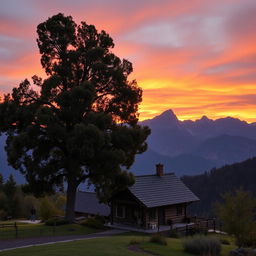 A charming scene featuring a quaint house nestled in the mountains, accompanied by a large, leafy tree nearby