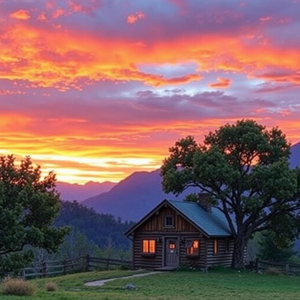 A charming scene featuring a quaint house nestled in the mountains, accompanied by a large, leafy tree nearby