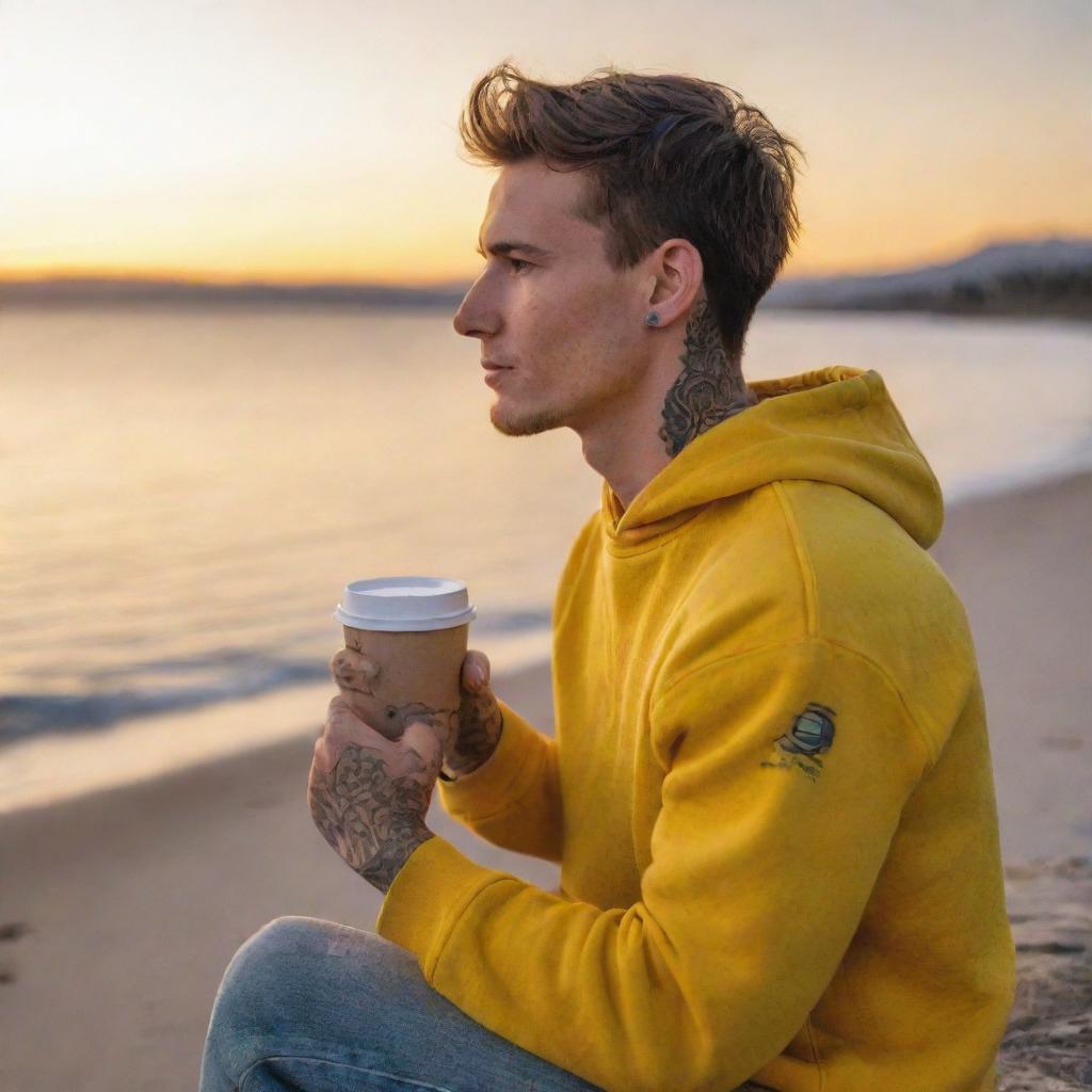 Generate an image of a young man named Ben, wearing a bright yellow Colorado sweatshirt, sitting by the sea, watching the sunset, with a cup of coffee in his hand and visible tattoos.