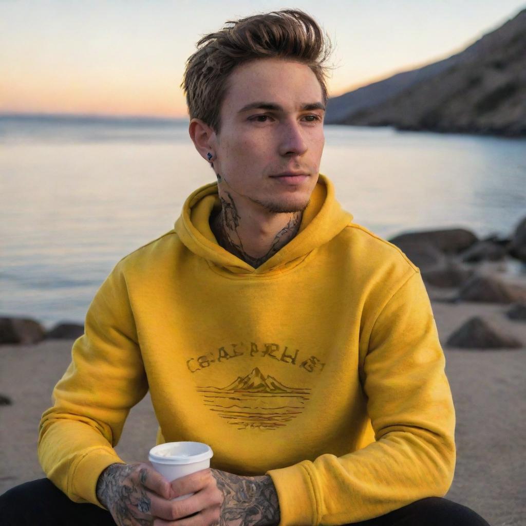 Generate an image of a young man named Ben, wearing a bright yellow Colorado sweatshirt, sitting by the sea, watching the sunset, with a cup of coffee in his hand and visible tattoos.