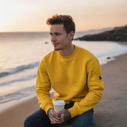 Generate an image of a young man named Ben, wearing a bright yellow Colorado sweatshirt, sitting by the sea, watching the sunset, with a cup of coffee in his hand and visible tattoos.