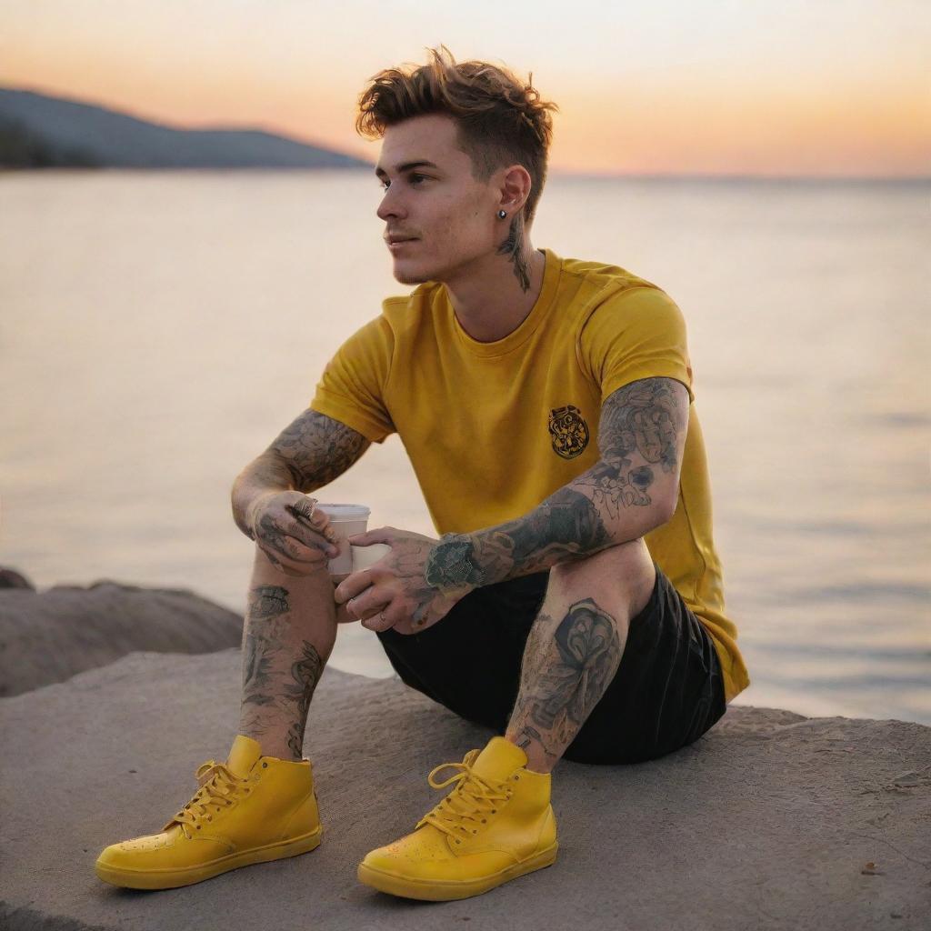 Generate an image of a young man named Alex, wearing bright yellow Colorado shoes, sitting by the sea, watching the sunset with a coffee in his hand and visible tattoos on his skin.