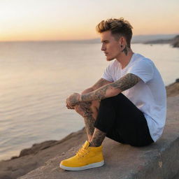 Generate an image of a young man named Alex, wearing bright yellow Colorado shoes, sitting by the sea, watching the sunset with a coffee in his hand and visible tattoos on his skin.