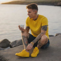 Generate an image of a young man named Alex, wearing bright yellow Colorado shoes, sitting by the sea, watching the sunset with a coffee in his hand and visible tattoos on his skin.