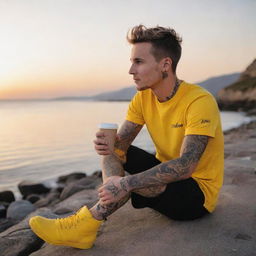 Generate an image of a young man named Alex, wearing bright yellow Colorado shoes, sitting by the sea, watching the sunset with a coffee in his hand and visible tattoos on his skin.