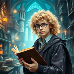 A wizard college student, featuring a young adult with blonde curly hair and wearing stylish glasses