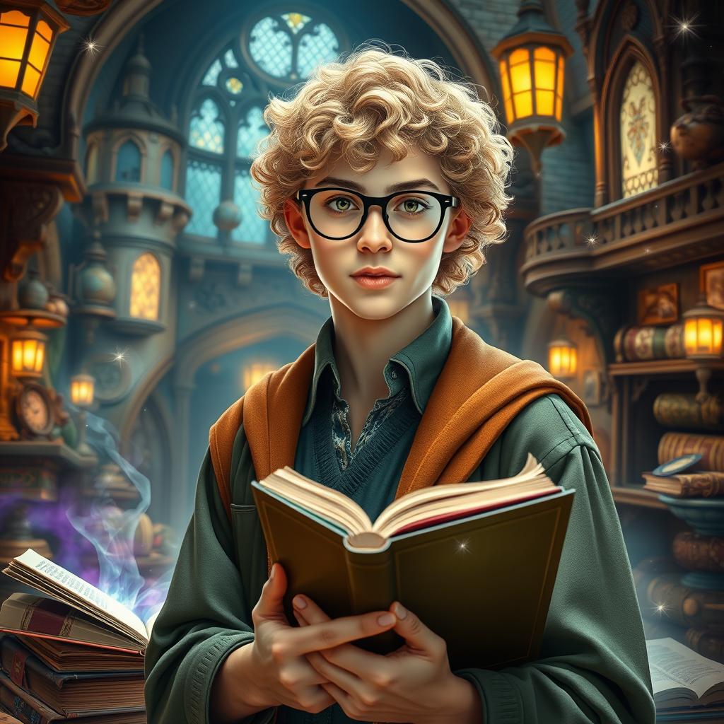 A wizard college student, featuring a young adult with blonde curly hair and wearing stylish glasses